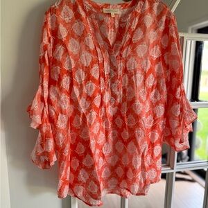 Anthropologie Orange and White Bell Sleeve Blouse